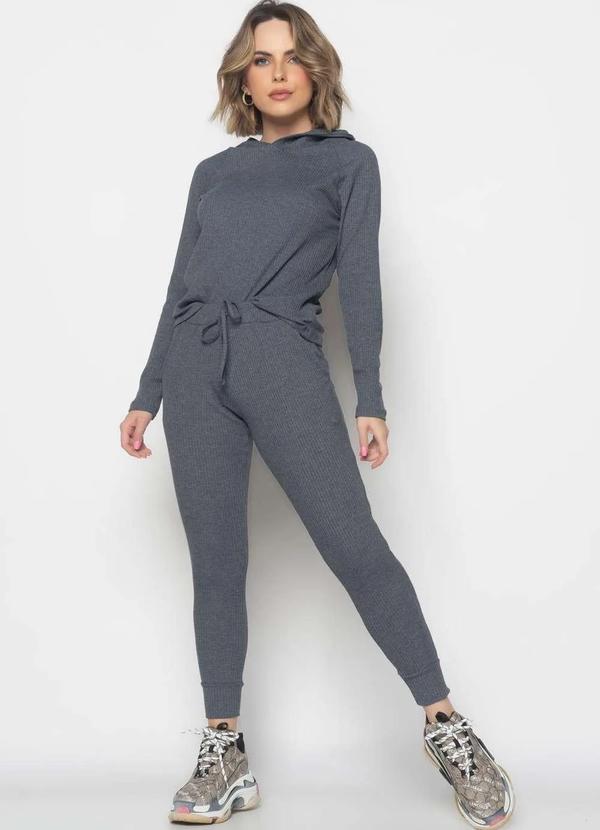 Salvatore Fashion - Conjunto Comfy com Casaco Capuz e Jogger Canelado Fashion Cinza