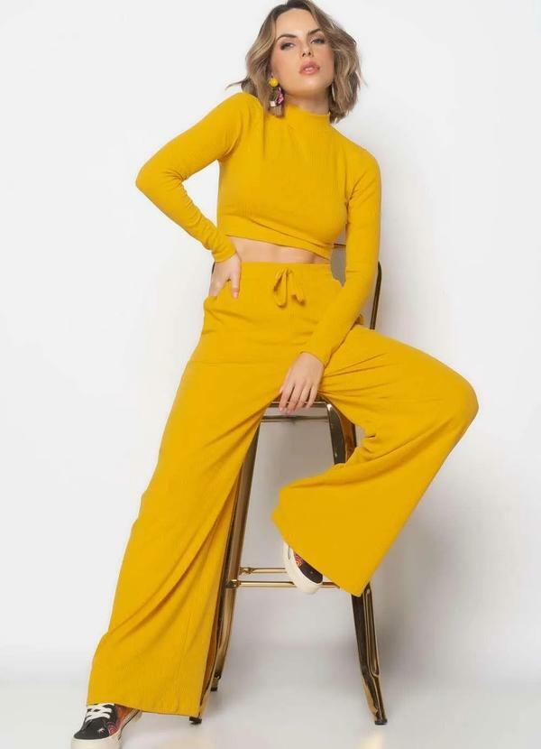 Salvatore Fashion - Conjunto Comfy Cropped M/L e Wide Leg Canelado Fashion Amarelo
