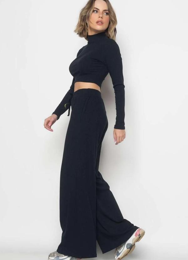 Salvatore Fashion - Conjunto Comfy Cropped M/L e Wide Leg Canelado  Fashion Preto 2