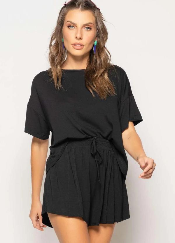 Salvatore Fashion - Conjunto Cropped Amplo Manga Curta e Short Malha Preto 5
