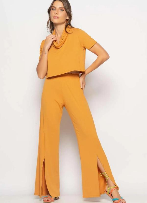 Salvatore Fashion - Conjunto Cropped Golão e Calça Fenda Frontal Malha Marrom