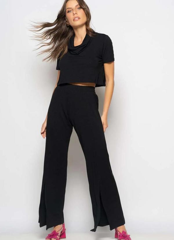 Salvatore Fashion - Conjunto Cropped Golão e Calça Fenda Frontal Malha Preto