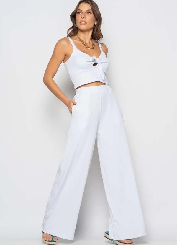 Salvatore Fashion - Conjunto Cropped Laço e Wide Leg Canelado Branco