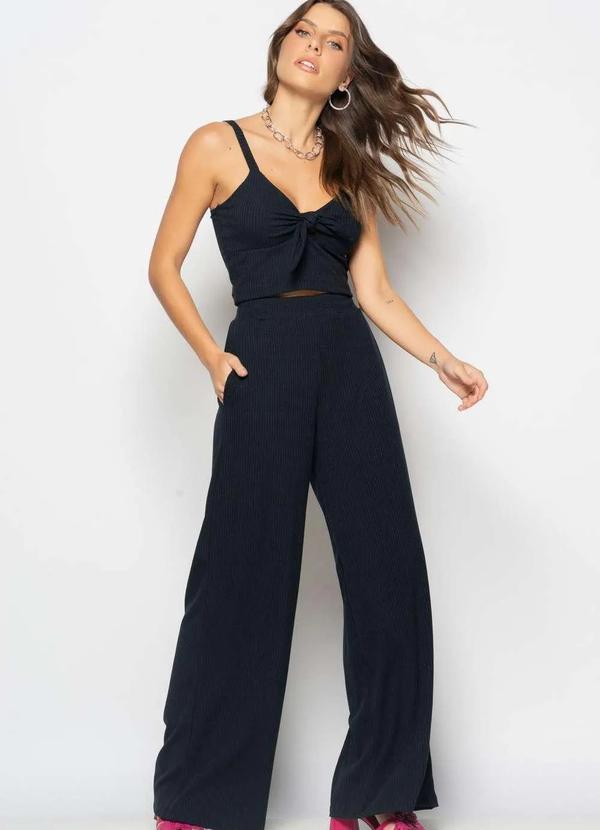 Salvatore Fashion - Conjunto Cropped Laço e Wide Leg Canelado Preto