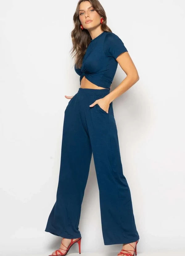 Salvatore Fashion - Conjunto Cropped Nó e Wide Leg Malha Azul 2