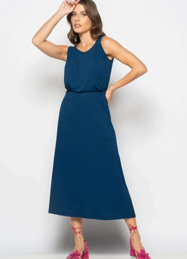 Salvatore Fashion - Conjunto Regata Drapeada e Saia Midi Malha Azul