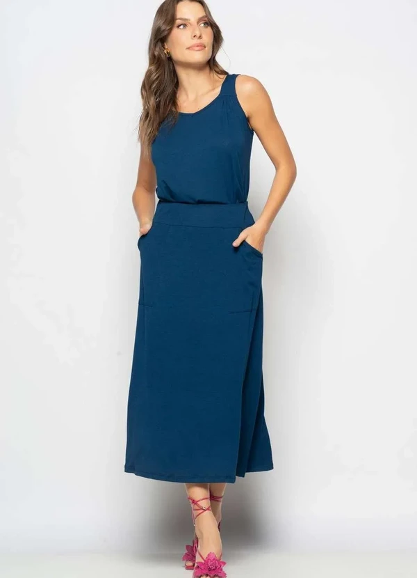Salvatore Fashion - Conjunto Regata Drapeada e Saia Midi Malha Azul 3