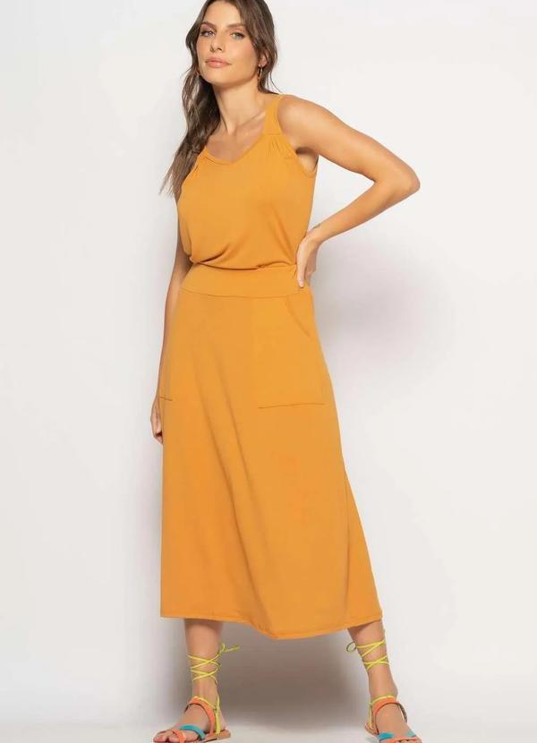 Salvatore Fashion - Conjunto Regata Drapeada e Saia Midi Malha Marrom