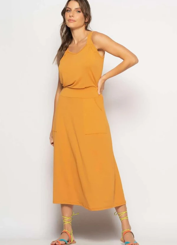 Salvatore Fashion - Conjunto Regata Drapeada e Saia Midi Malha Marrom