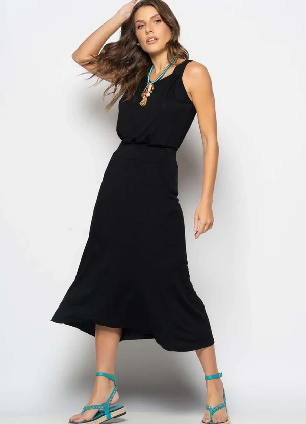 Salvatore Fashion - Conjunto Regata Drapeada e Saia Midi Malha Preto