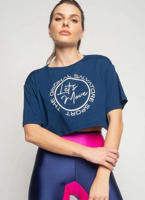 Salvatore Fashion - Cropped Amplo Manga Curta Lets Move Malha Fashion Azul
