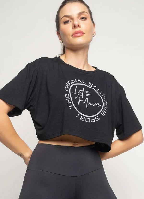 Salvatore Fashion - Cropped Amplo Manga Curta Lets Move Malha Fashion Preto