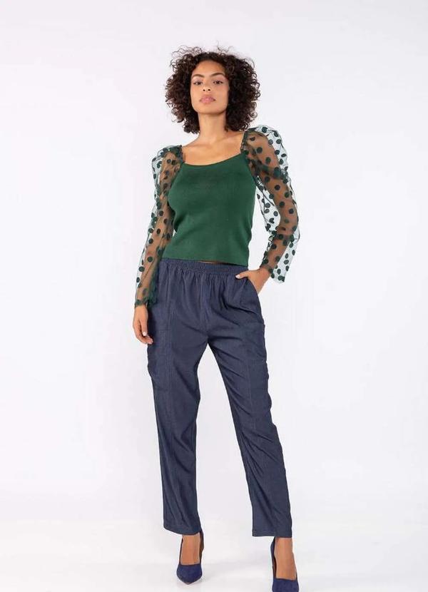 Lamis - Blusa Manga Longa de Tule Estampa Bolinha Verde