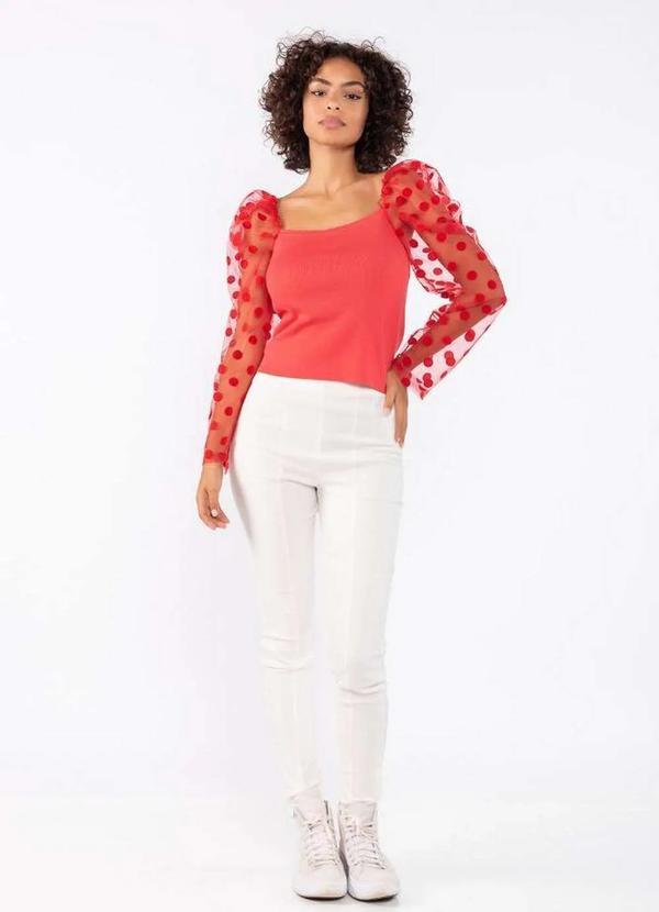 Lamis - Blusa Manga Longa de Tule Estampa Bolinha Vermelho
