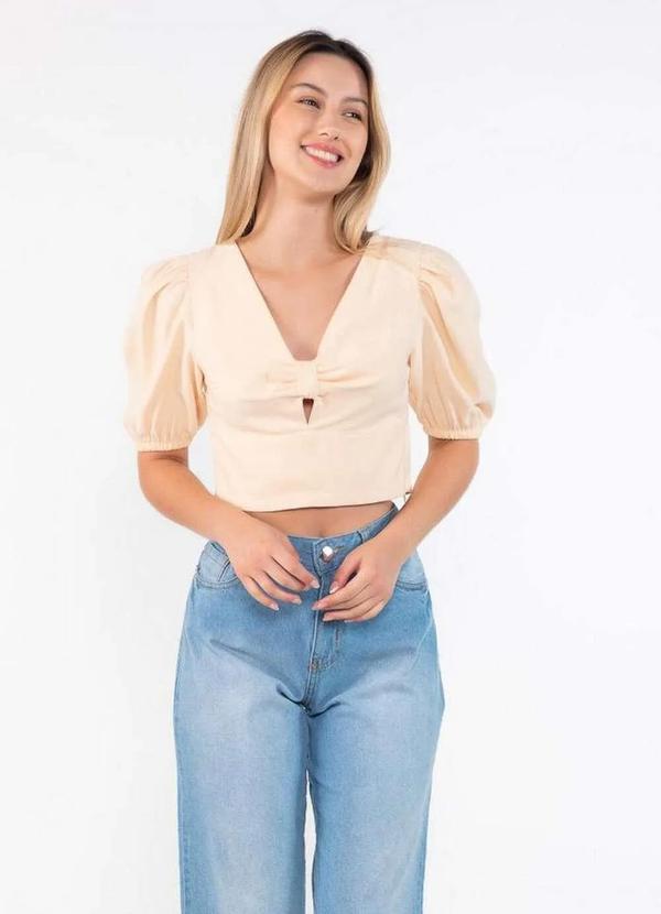 Lamis - Cropped Alfaiataria Manga Bufante Bege
