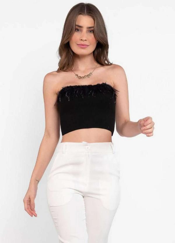 Lamis - Cropped em Viscose com Pluma Preto