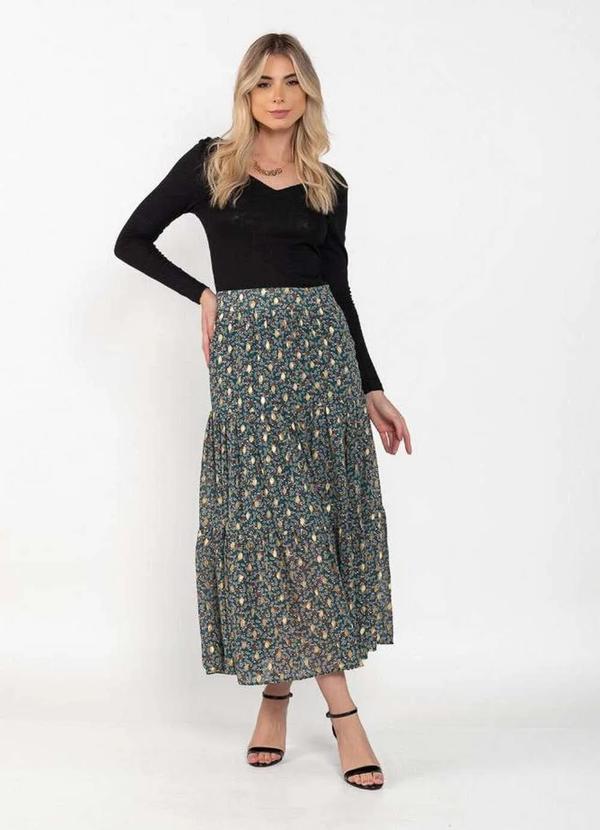 Lamis - Saia Longa Estampada com Detalhe em Lurex Verde