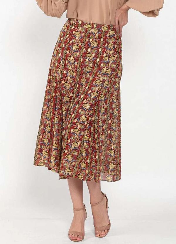 Lamis - Saia Midi Estampa com Detalhe em Lurex Vermelho