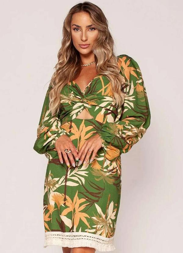 Lamis - Vestido Curto em Viscose Estampado Manga Princesa Verde