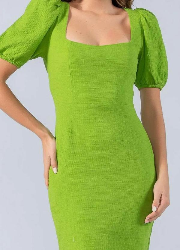 Lamis - Vestido Curto Manga Bufante em Algodao Texturizado Verde