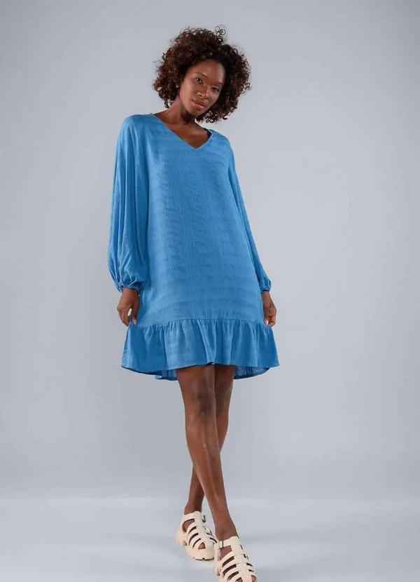 Lamis - Vestido de Manga Longa em Viscose Babado Barra Azul