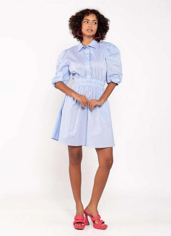 Lamis - Vestido em Algodao Elastico Cintura Manga Bufante Azul