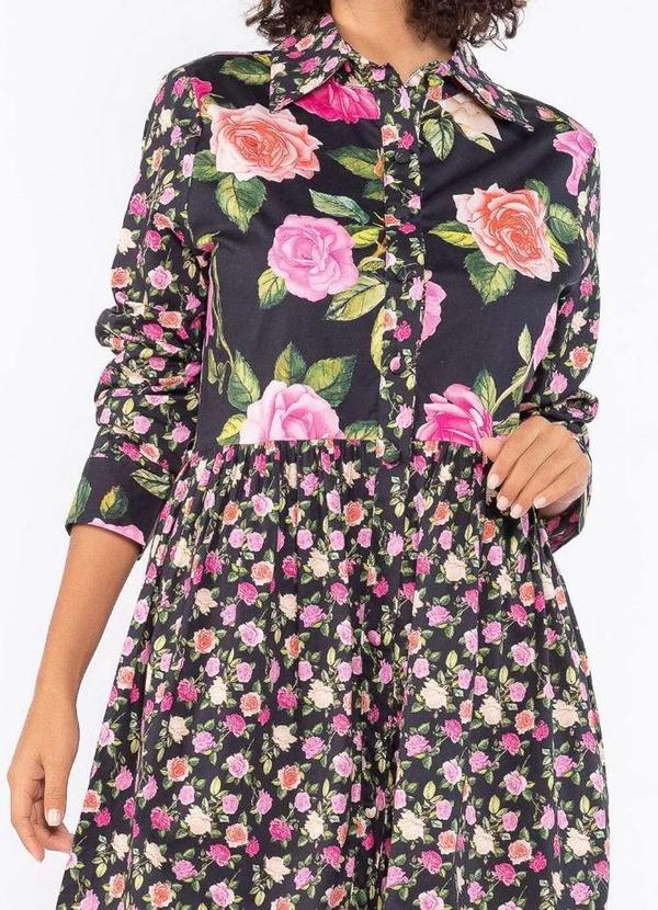 Lamis - Vestido Floral Botoes Algodao Preto