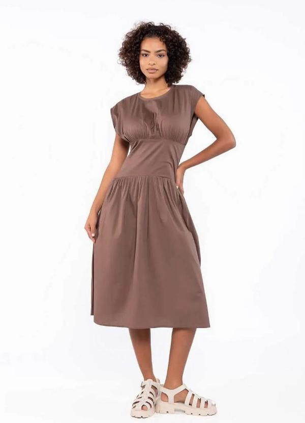 Lamis - Vestido Midi em Algodao com Pregas Acinturado Marrom 2