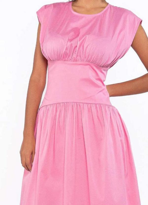Lamis - Vestido Midi em Algodao com Pregas Acinturado Rosa