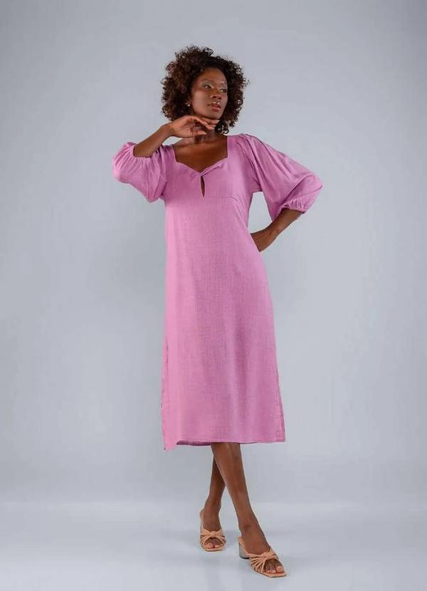 Lamis - Vestido Midi em Linho Amplo e Manga Bufante Lilas