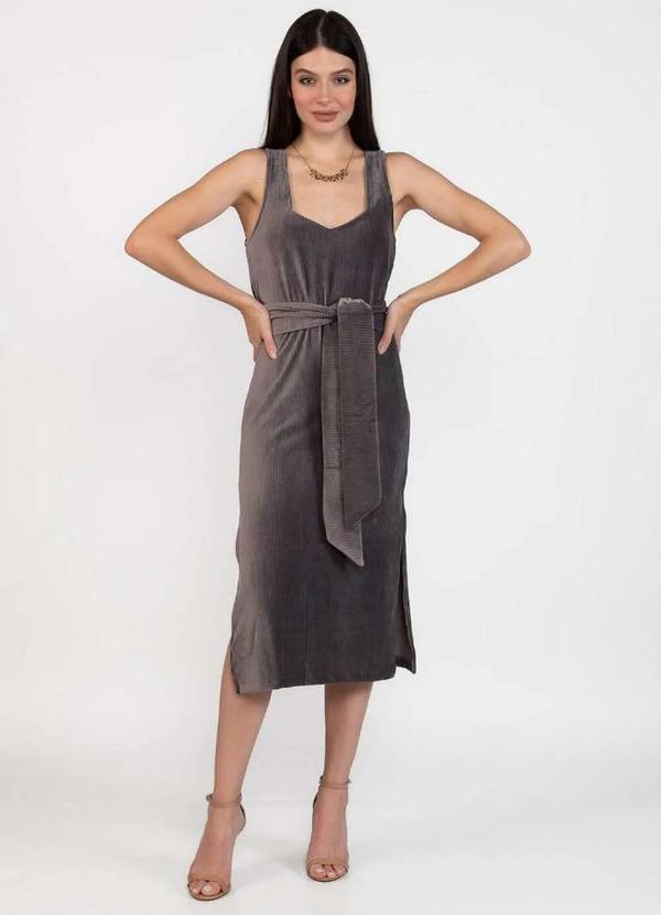 Lamis - Vestido Midi em Veludo Decote Quadrado Cinza