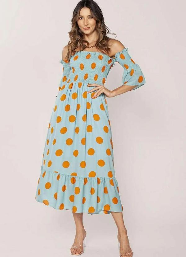 Lamis - Vestido Midi Poa Ombro a Ombro Lastex Azul