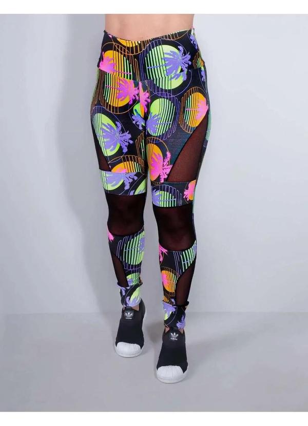 Fitmoda - Calca Feminina Legging Fitness com Estampa e Tule Preto Estampado