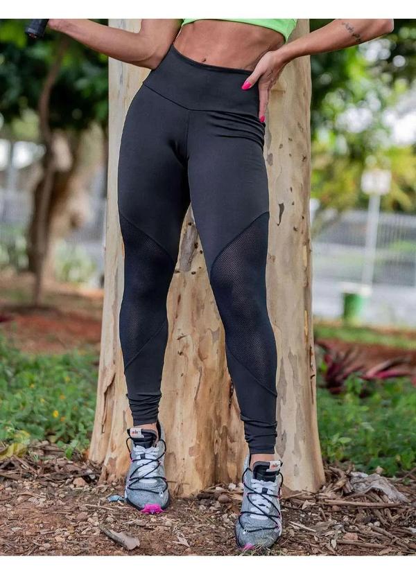 Fitmoda - Calca Fitness Legging Feminina com Recortes em Tela Preto