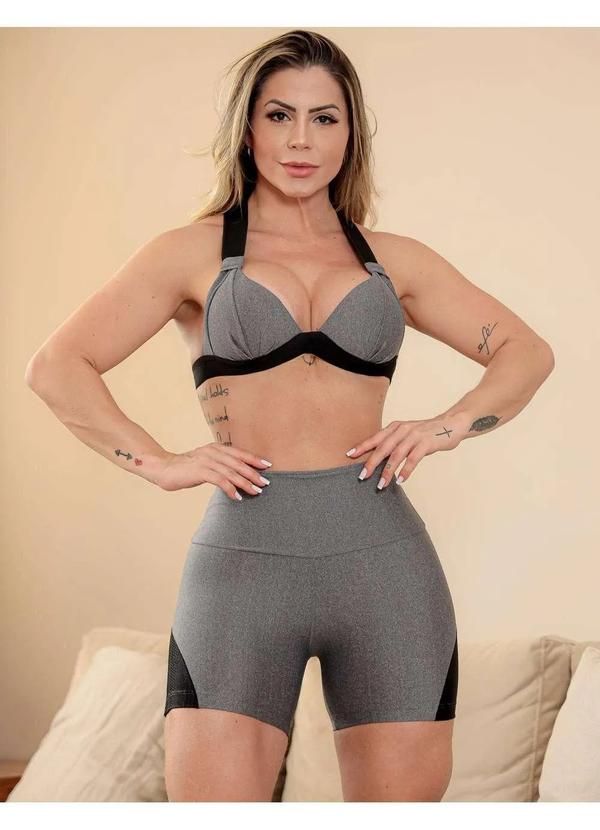 Fitmoda - Conjunto Esportivo Feminino Short e Top com Bojo para Academia Cinza