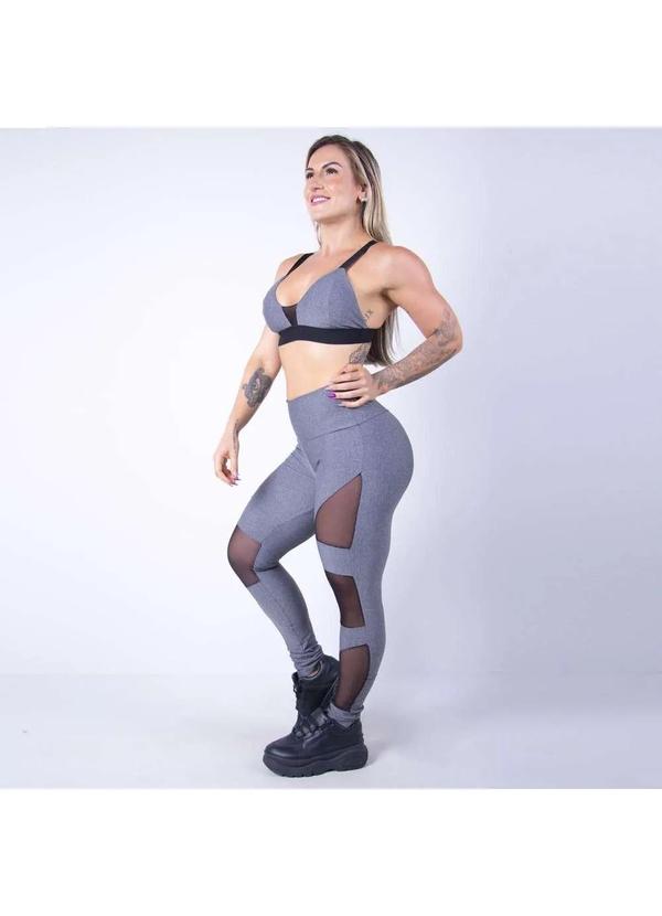 Fitmoda - Conjunto Feminino Top com Bojo e Calca com Tule Cinza