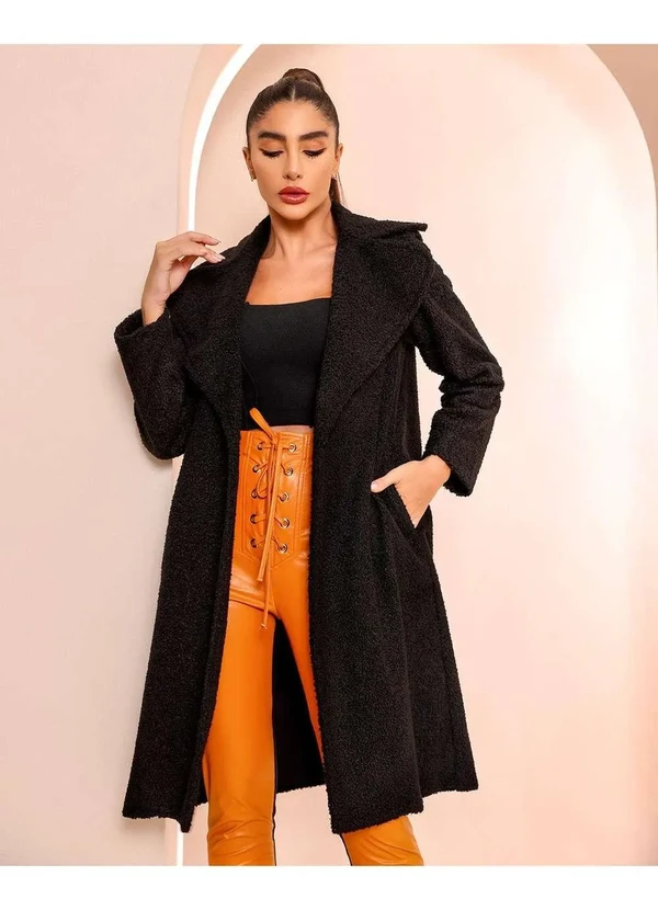 Blusa Casaco Longo Feminino Preto Casaco Feminino Lã Batida Hiatto