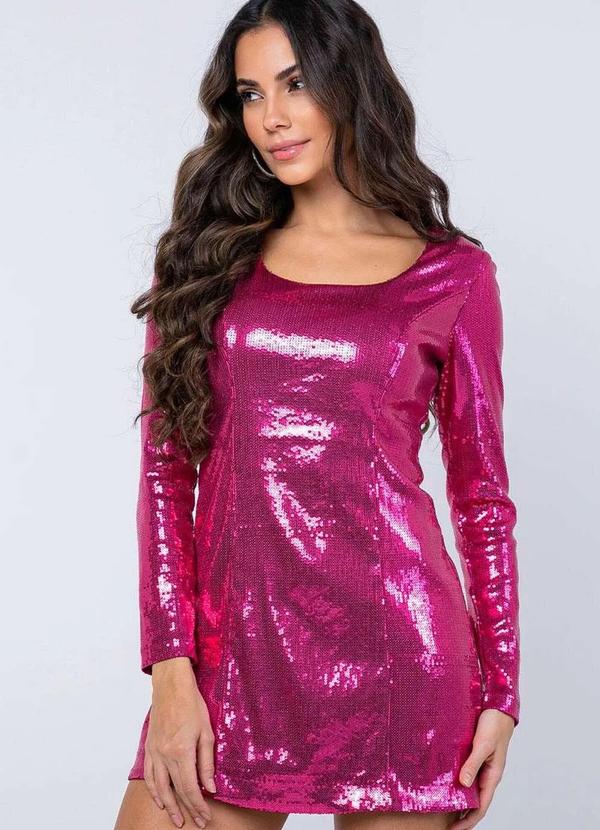 Miss Misses - Vestido Miss Misses Manga Longa Paete com Ziper Pink Rosa