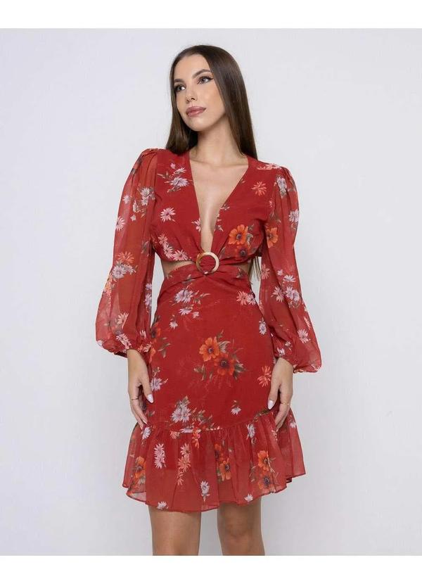 Oxigenio - Vestido Oxigenio Rodado Vazado Lateral Estampado Vermelho Vermelho