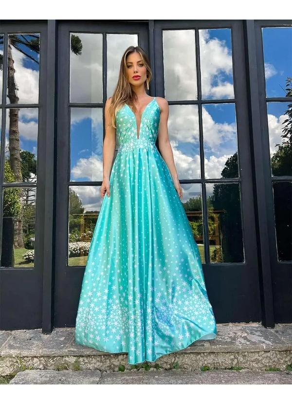 Pimpnella - Vestido Pimpnella Longo Estrelas Verde Agua Verde