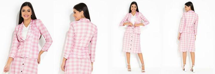 Blazer Xadrez Rosa Mangas 3/4 Moda Evanglica