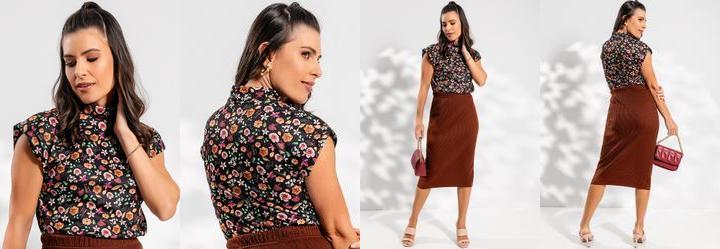 Blusa Floral Escuro em Jersey Acetinado