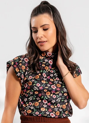 Rosalie - Blusa Floral Escuro em Jersey Acetinado - ROSALIE