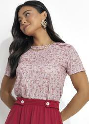 Blusa Floral Mini Ros� em Jersey Acetinado