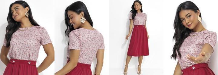 Blusa Floral Mini Ros em Jersey Acetinado