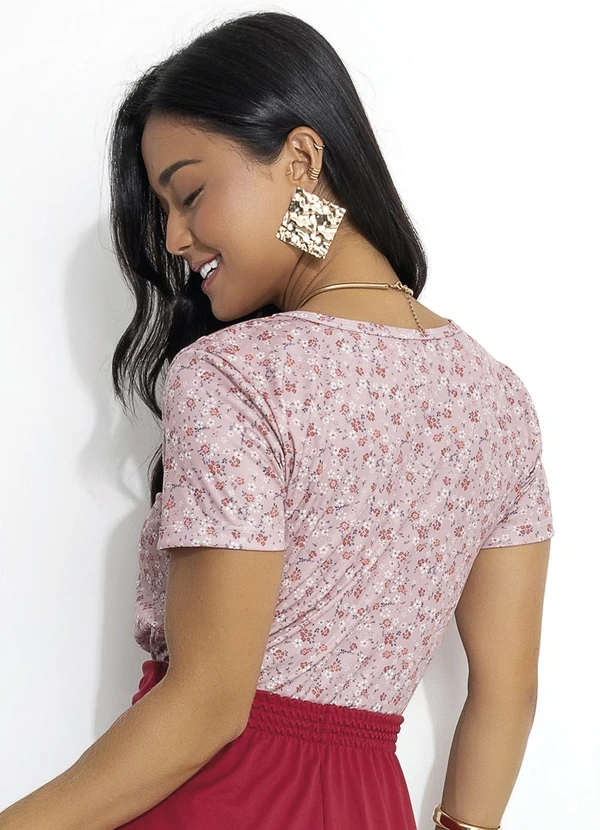 Rosalie - Blusa Floral Mini Rosê em Jersey Acetinado 2