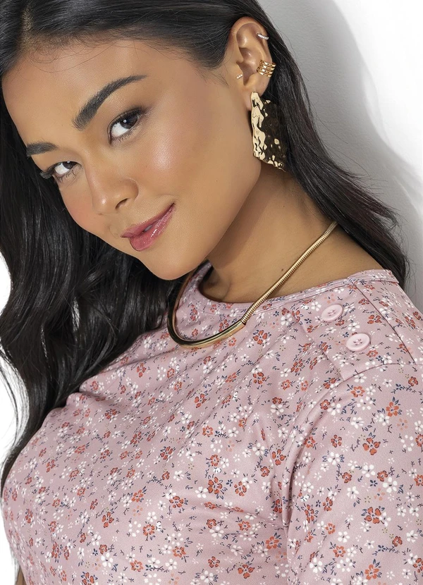 Rosalie - Blusa Floral Mini Rosê em Jersey Acetinado 5