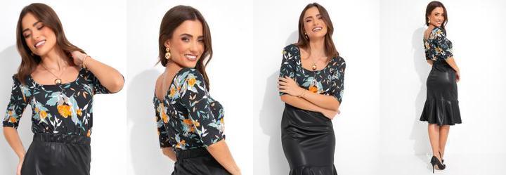 Blusa Floral Preto em Malha de Polister