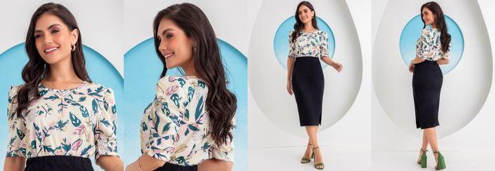 Blusa Folhas e Borboletas em Jersey Acetinado