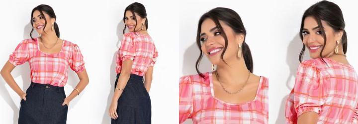 Blusa Xadrez Rosa Mangas Curtas